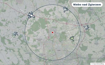 Mapa okolic miasta z sylwetkami samolotów — Niebo nad Zgierzem